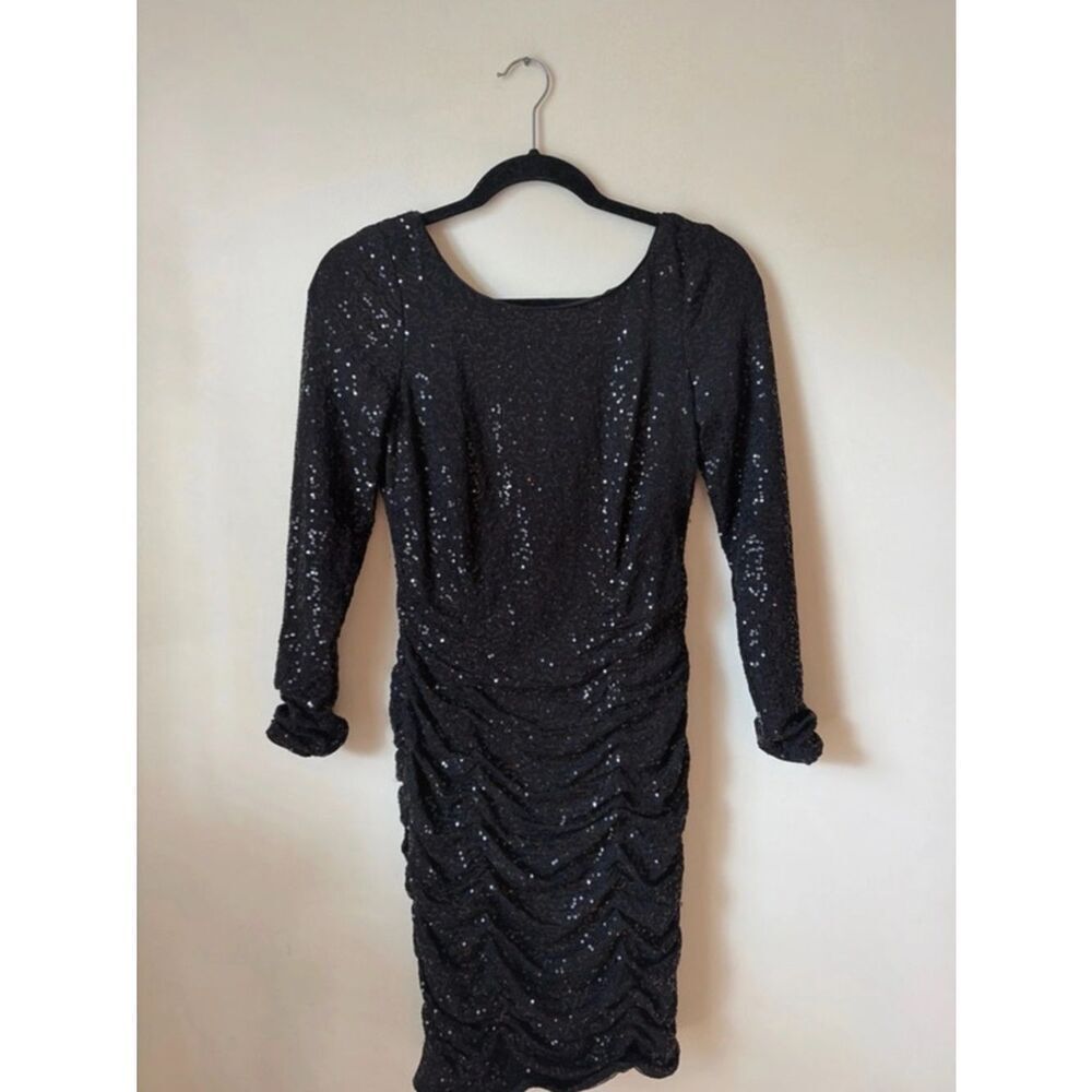 Cache Black Sequin Ruched Long-Sleeve Dress